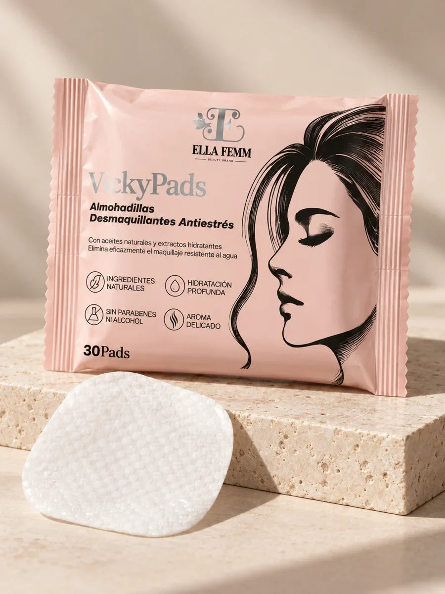 VickyPads™ · campaña Glowy: envase y almohadilla sobre piedra beige